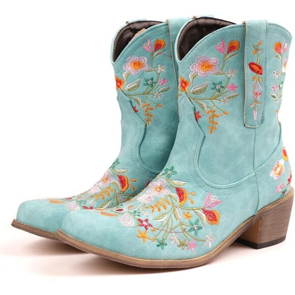 Women's Blue Ankle Cowgirl Boots Flower Embroidered Square Toe Chunky Heel - Picture 1 of 7